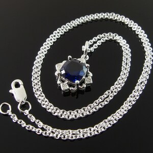 Sterling Silver Lab Sapphire Pendant Necklace: Diamond Halo, September Birthstone