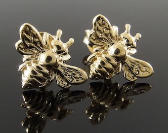 14k Yellow Gold Plated Sterling Silver Bee Earrings, Gold Bee Stud Earrings, Gold Honeybee Earrings, Demi-Fine Bee Earrings