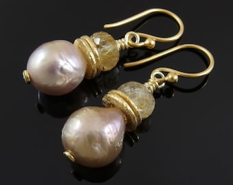 Baroque Pearl Rutilated Quartz and Gold-Plated Sterling Silver Earrings, Baroque Pearl Earrings, Rutilated Quartz Earrings