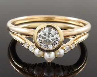 Moissanite Pearl Diamond and 14k Yellow Gold Bridal Set, Moissanite Solitaire and Pearl and Diamond Contour Band, Vintage Inspired Bridal