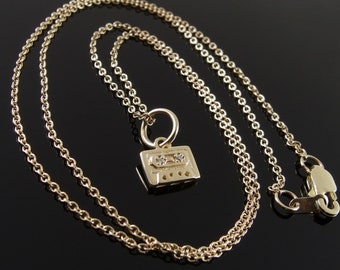 Diamond and 14k Yellow Gold Cassette Tape Charm Necklace, 14k Gold Mixed Tape Charm Necklace, Diamond and 14k Gold Music Charm Necklace