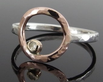 Moissanite, 14k Rose Gold and Sterling Silver Halo Ring, Gold and Silver Circle Ring, Mixed Metal Ring, Promise Ring