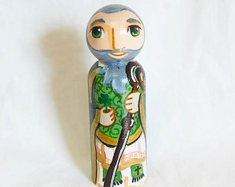 Saint Patrick Catholic Saint Doll with a Shamrock - Wooden Toy - Made to Order