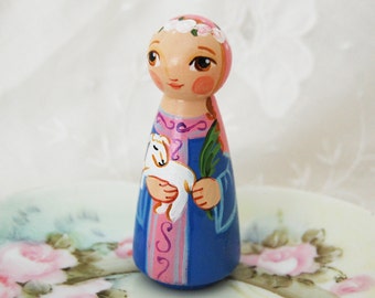 St Agnes with Lamb Catholic Saint Doll - Wooden Toy - Made to Order