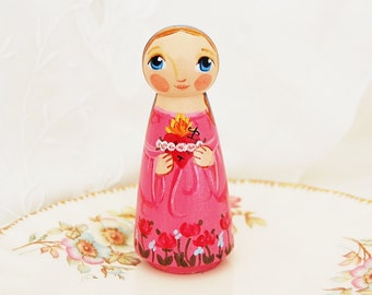Immaculate Heart of Mary Catholic Saint Doll - Wooden Toy - Made to Order