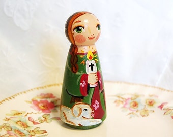 Saint Genevieve Doll - Catholic Saint Doll - Wooden Peg Doll Toy - Made to Order