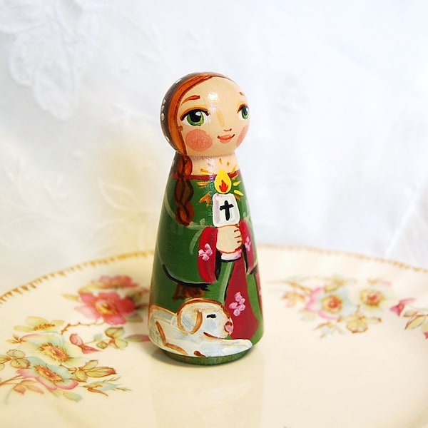 Saint Genevieve Doll - Catholic Saint Doll - Wooden Peg Doll Toy - Made to Order