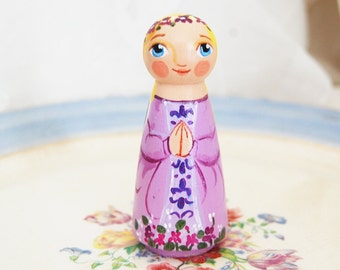 Violet Guardian Angel Catholic Saint Peg Doll - Custom Wooden Toy - Made to Order