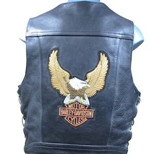 Vintage Mens Motorcycle Vest Made in USA Black Leather Side Lace Biker Vest With Harley Davidson Eagle Back Patch Mens Size 40 or Size Large