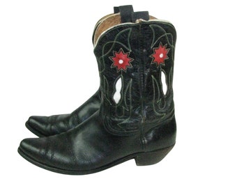 Rare Find Vintage 1940s Mens Frye Rancher Cowboy Boots Black Leather Red Leather Cactus Flower Inlay Shorty Pee Wee Western Boots  Size  11D