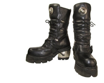 New Rock Planet Cybergoth Platform Boots Women's Black Leather Gothic Industrial Motorcycle Boots Euro Size 36 Fits Women's US Size 6