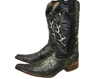 Mens Revolution Brown Embroidered Leather and Gold Glam Metallic Pointed Toe Western Cowboy Boots Mex Size 28 1/2 Will Fit Mens US Size10 D