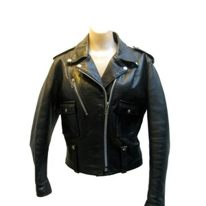 AMF Harley Davidson Cycle Queen Motorcycle Jacket Vintage 1970s Womens Black Leather Biker Jacket Size 36 Will Fit a Womens Size Small