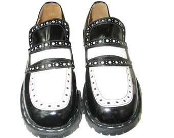 Vintage 1990s Gripfast Mens Black and White Patent Leather Slip On  Loafer Shoes Made in England Fits a Mens US Size 8 or Womens US Size 9