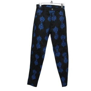 Vintage 1980s Men&#39;s Lip Service Black and Blue Genocide Flaming Peace Sign Print and Straight Leg Cotton Drill Jeans Mens Size 28 or Small