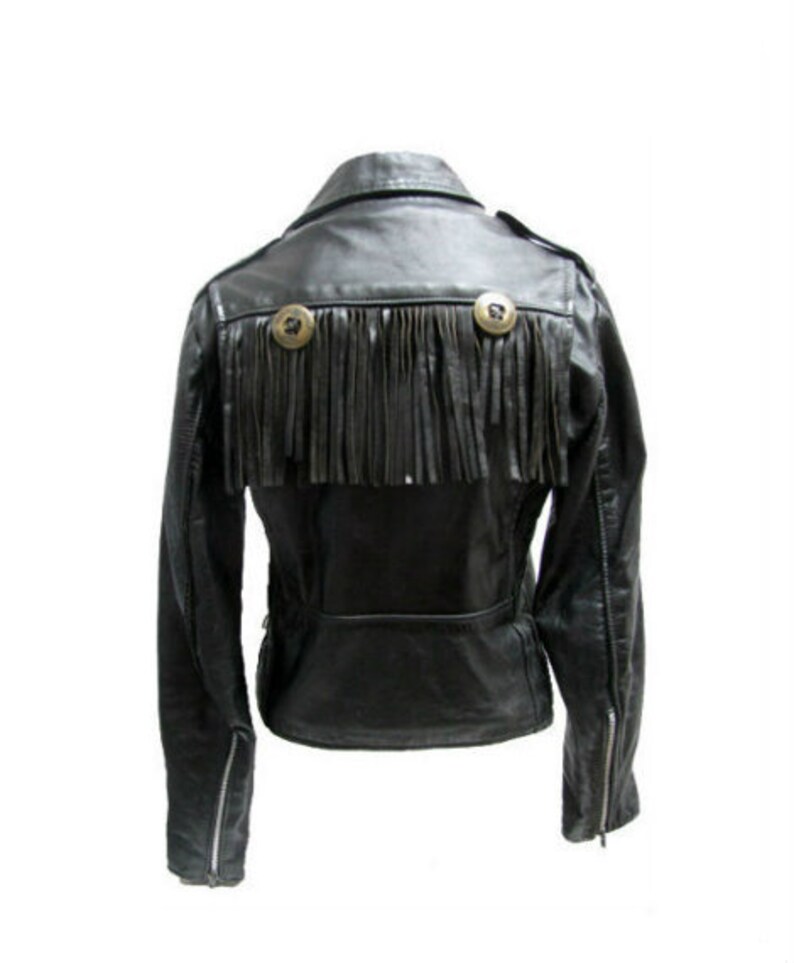 Vintage Brooks Womens Black Leather Fringed Motorcycle Jacket With Conchos Made In Detroit Usa Wms Size 32 Fits A Sz Small Talon Zippers