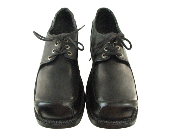 Vintage 90s Muro Rudy Box Toe Shoes Mens Black All Leather Lace up Square Toe Avant Garde Shoe