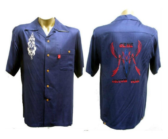 Buy Vintage Panel Bowling Shirt Mens Dark Blue Rayon Gaberdine  