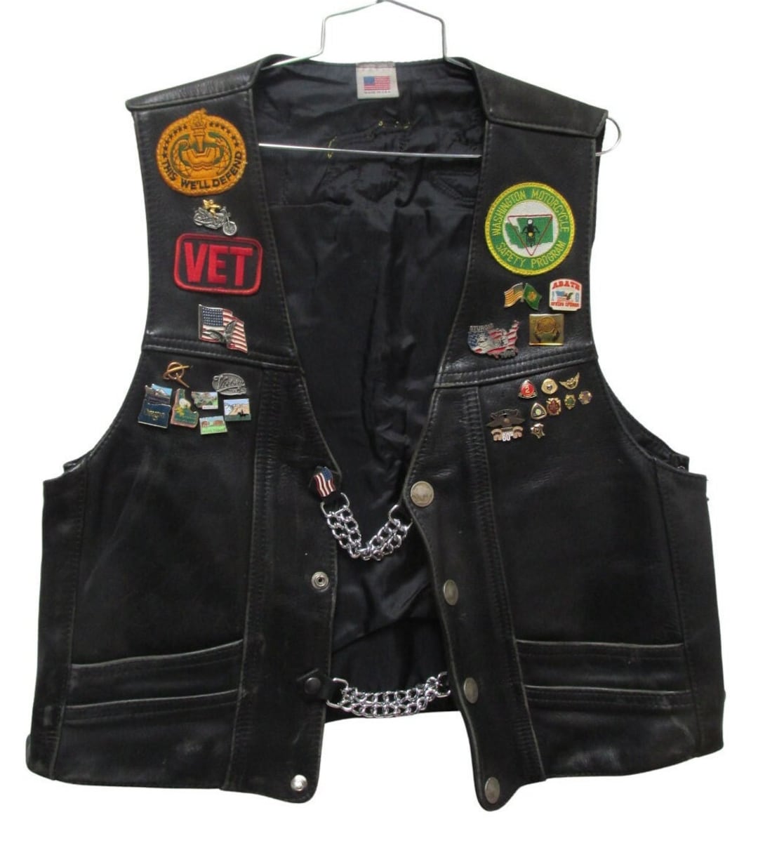 Black Leather USA Biker Vest Vintage Mens Airbrushed Victory Black Leather USA Biker Vest Vintage Mens Airbrushed Victory