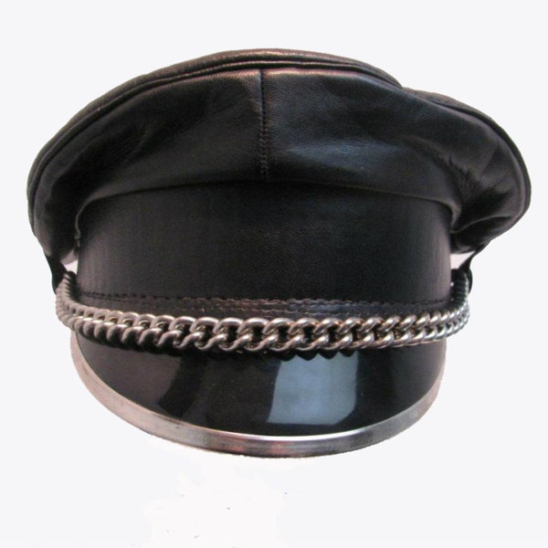 Vintage Mens Cruiser Motorcycle Cap with Chain L-XL / Black Leather 1970s Biker Hat