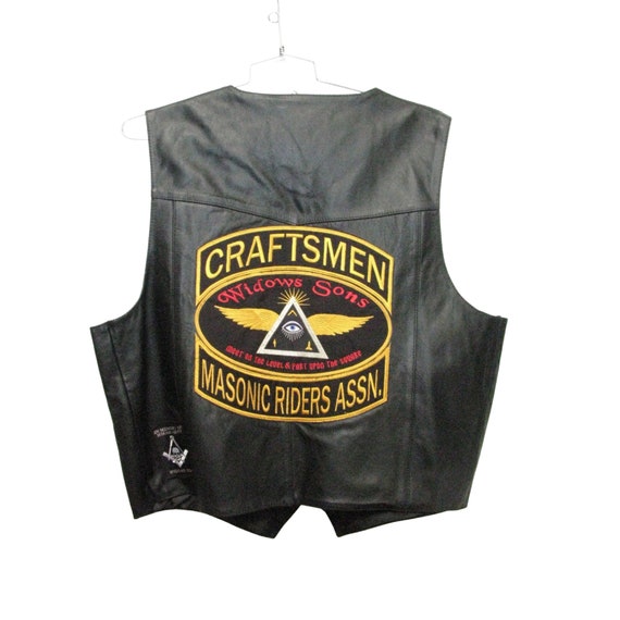 Mens Biker Vest Vintage Black Leather Masonic Mot… - image 1