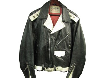 Rare Vintage 1950s Daniel Boone Trailblazer Outerwear 2 star  Black and White Steerhide and Vinyl Motorcycle Jacket Mens Sz 44 Fits Sz Large