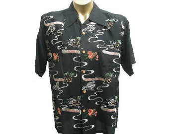 Men's Black Silk Hawaiian Embroidered Land of Aloha Short Sleeve Rockabilly Lounge Shirt with Coconut Buttons Fits a Mens Size Medium