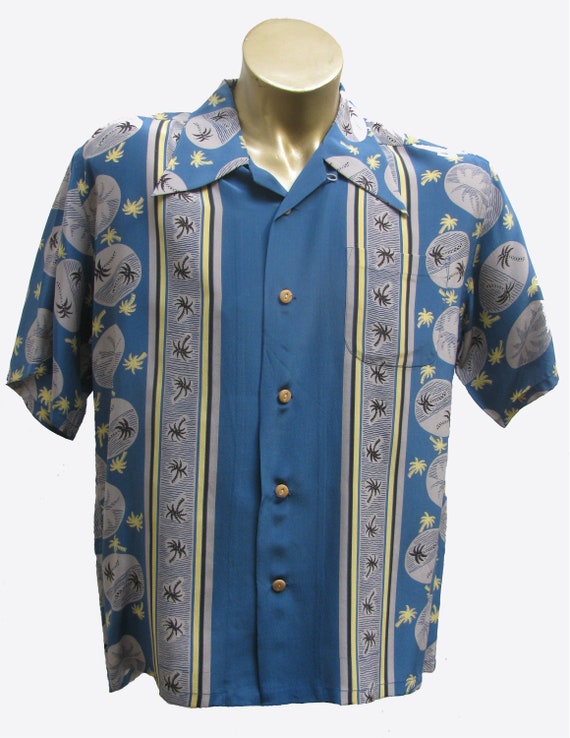 Vintage Mens Blue Silk Palm Trees Hawaiian Shirt With Coconut 