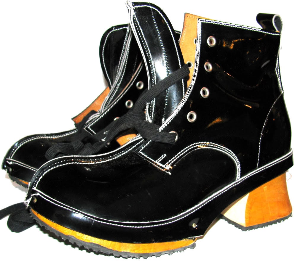 Vintage 1980s John Fluevog Black Patent Leather Derby Wooden Vintage 1980s John Fluevog Black Patent Leather Derby Wooden