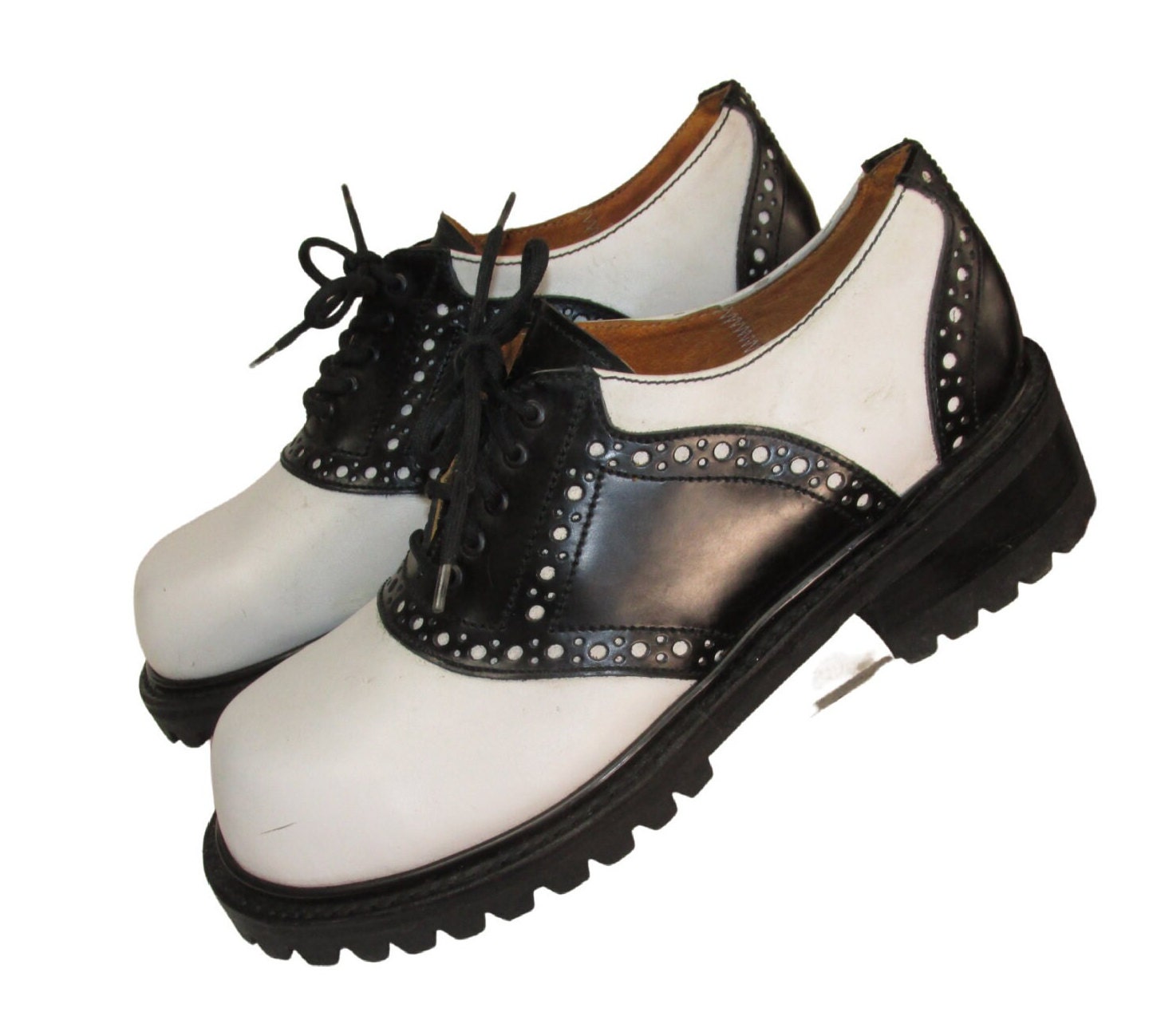 Vintage 1990s Mens Muro Black and White Leather Rockabilly Saddle Shoes With Lug Soles Mens US size 9 Heavy Duty Industrial Gibson Shoes Etsy