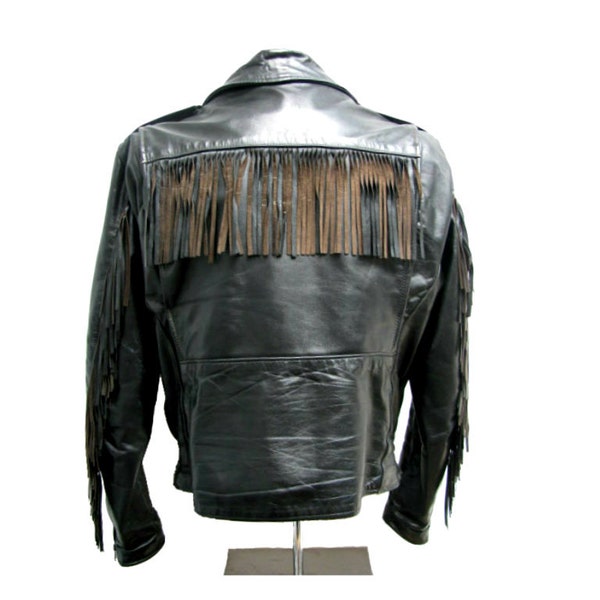 Vintage Brooks Fringed Motorcycle Jacket Size 44 Mens Black Leather Cowpunk Biker Coat Made In The USA