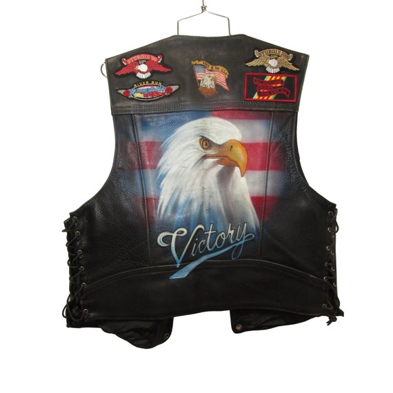 Black Leather USA Biker Vest Vintage Mens Airbrushed Victory Black Leather USA Biker Vest Vintage Mens Airbrushed Victory