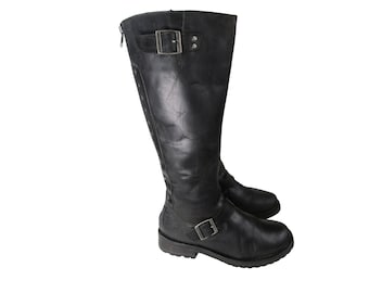 Vintage Womens Harley Davidson 16 1/2 Inches Tall Knee High Black Leather Motorcycle Engineer Boots with Studded Zip Backs Womens Size 7 1/2