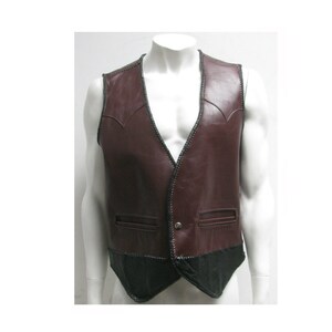 Mens Vintage Maroon And Black Leather Snap Front Western Vest With Braid Trim Fits Mns Size Large