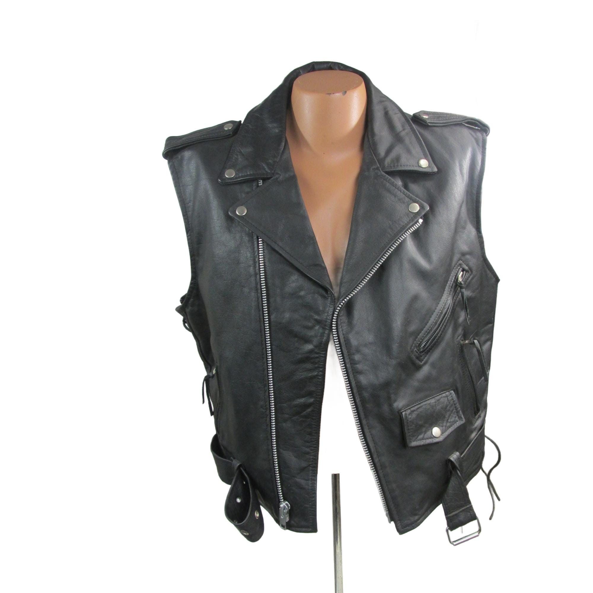 Vintage 1990s Mens First Black Leather Sleeveless Side Lace