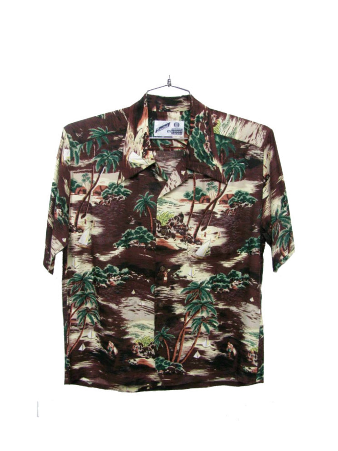 Mens Vintage Rayon Hawaiian Shirt With Coconut Buttons Polynesian Palm