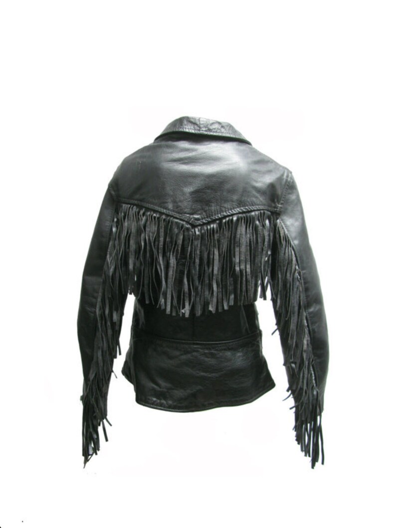 Black Leather English Style Fringed Double Buckle Motorcycle Jacket Vintage Womens Fringe Biker Made In England Fits Wms Size X Small