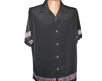 Vintage Mens Dragonfly Easy Rider Black Short Sleeve Button Down Shirt with Red White and Blue Embroidered Iron Crosses  Fits Size X Large