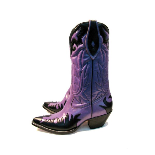 Vintage Cowboy Boots Womens Rancho Loco Purple and Black Leather Western Cowboy Boots Wms US Size 6