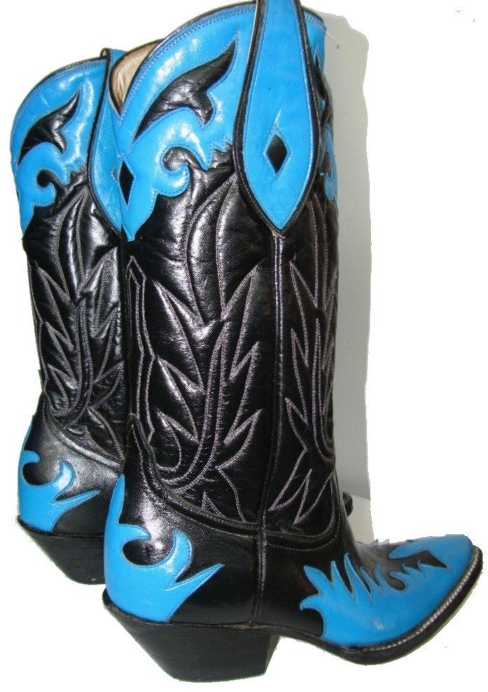 Vintage Women's Rancho Loco Black and Blue Leather Tall - Etsy