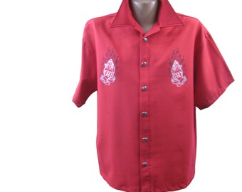 Vintage Mens Chi Chie Red with Flaming Praying Hands Rockabilly Greaser Short Sleeve Lounge Shirt with Flame Buttons Fits Size X Large