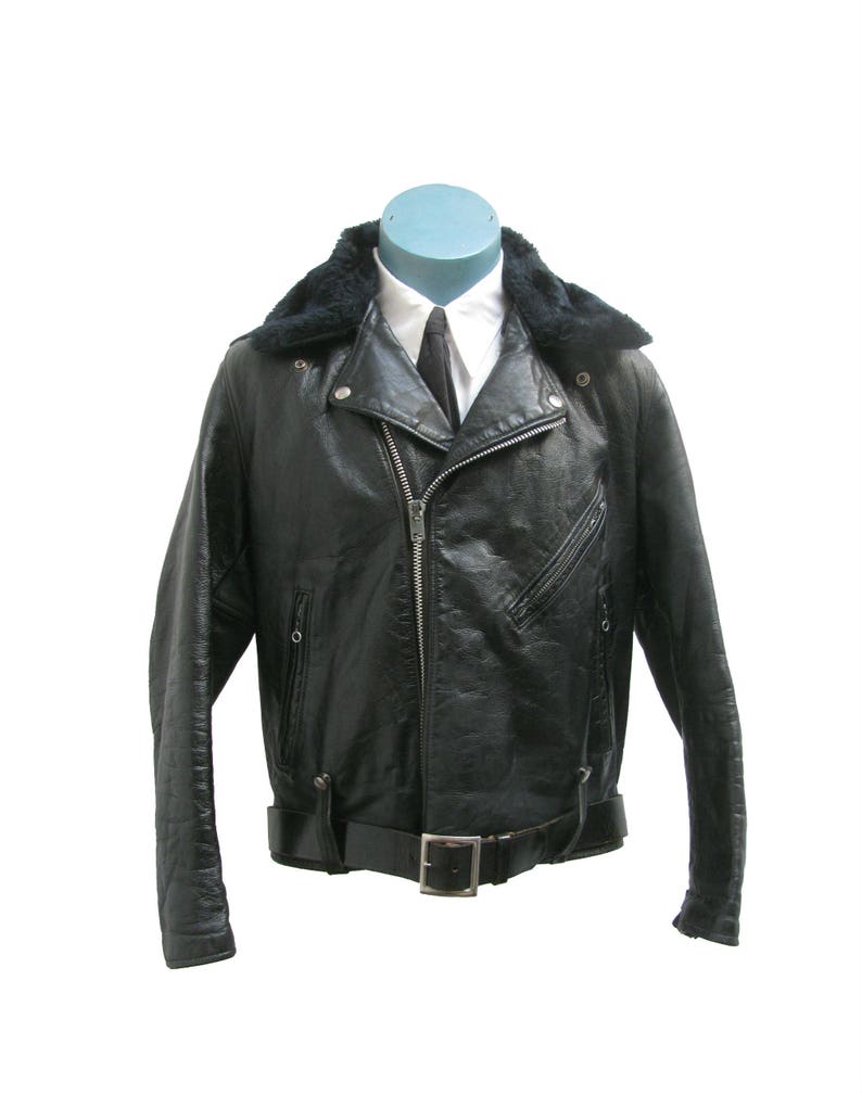 Vintage 1960s Harley Davidson Motorcycle Jacket With Original Removable Faux Fur Collar And Built In Kidney Belt Fits Mens Size 44 Or Large