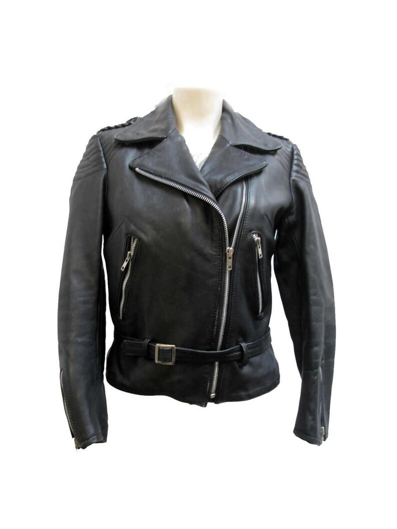 Vintage Womens Leather Motorcycle Jacket Hein Gericke Designed For Harley Davidson Black Bikerjacket With Back Patch Size 34