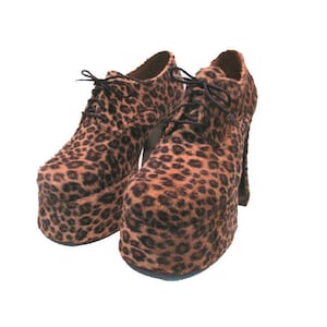 90&#39;s Vintage Women&#39;s Leopard Faux Fur Chunky Lace Up Tall Clubkid Platform Shoes Made by Car Wash in England Fits Women&#39;s US size 10 1/2