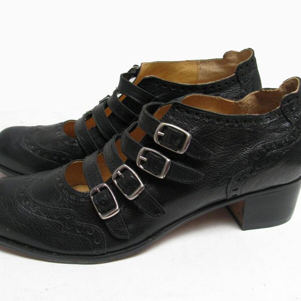 Vintage John Fluevog Shoes Made In Poland Black Leather Four Buckle Shoes Fits Wms US Size 11