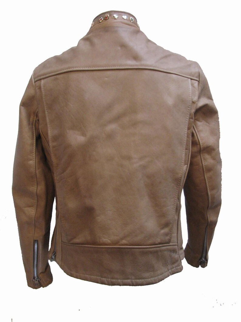 Schott Cafe Racer Motorcycle Jacket Vintage Womens Tan Leather Euro Style Biker Jacket with 20 Years of AMA Pins Around Collar Wms Size 10