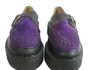 Vintage Mens John Fluevog George Cox Purple Suede Black Leather Crepe  Mondo Sole Creeper Shoes Made in England Fits Mens US Size 10 1/2