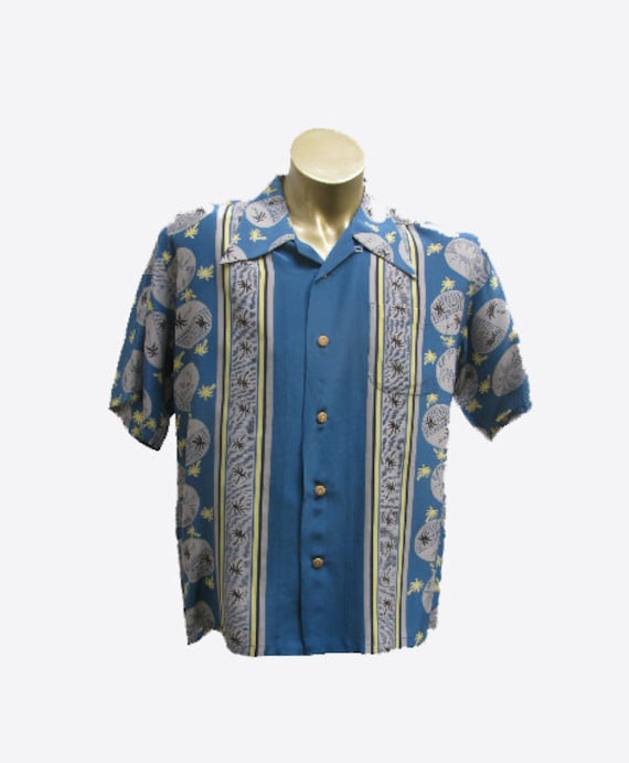 Vintage Mens Blue Silk Palm Trees Hawaiian Shirt With Coconut 