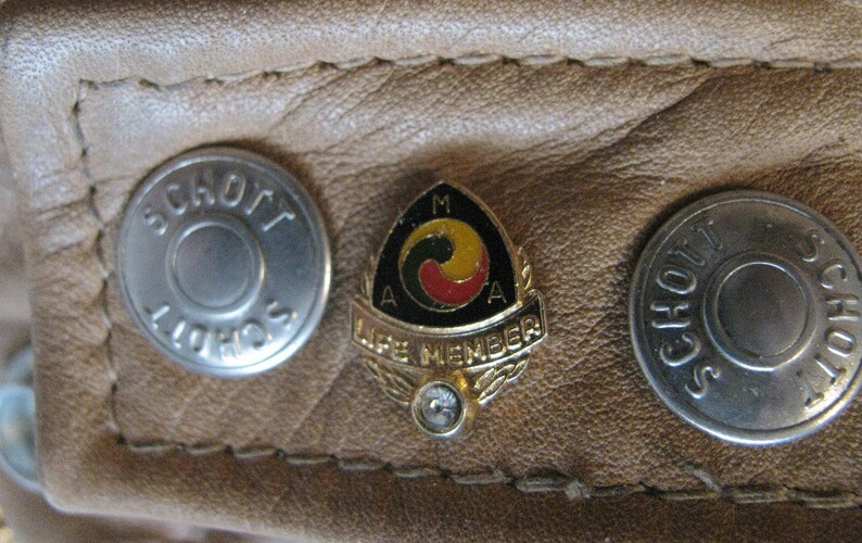 Schott Cafe Racer Motorcycle Jacket Vintage Womens Tan Leather Euro Style Biker Jacket with 20 Years of AMA Pins Around Collar Wms Size 10