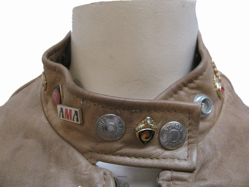 Schott Cafe Racer Motorcycle Jacket Vintage Womens Tan Leather Euro Style Biker Jacket with 20 Years of AMA Pins Around Collar Wms Size 10